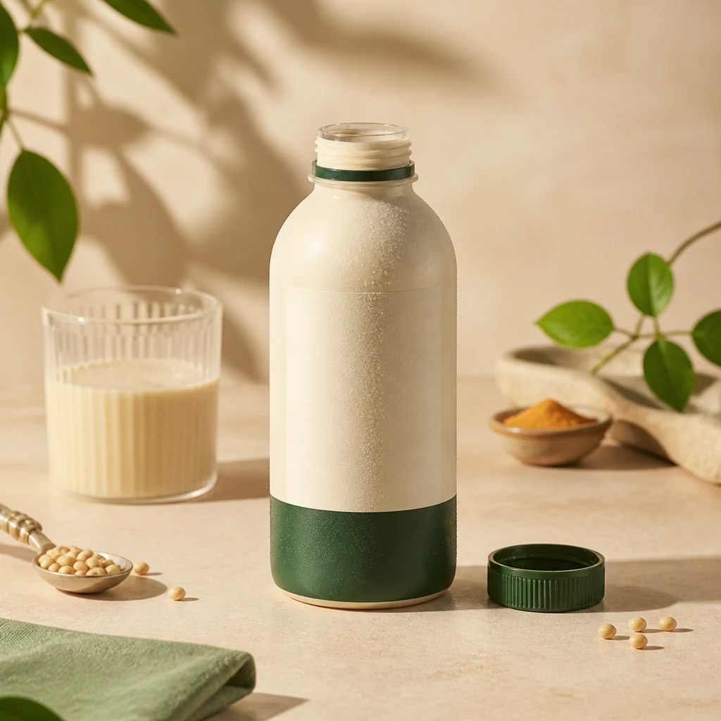 Unbranded ready-to-drink protein bottle on a warm tabletop