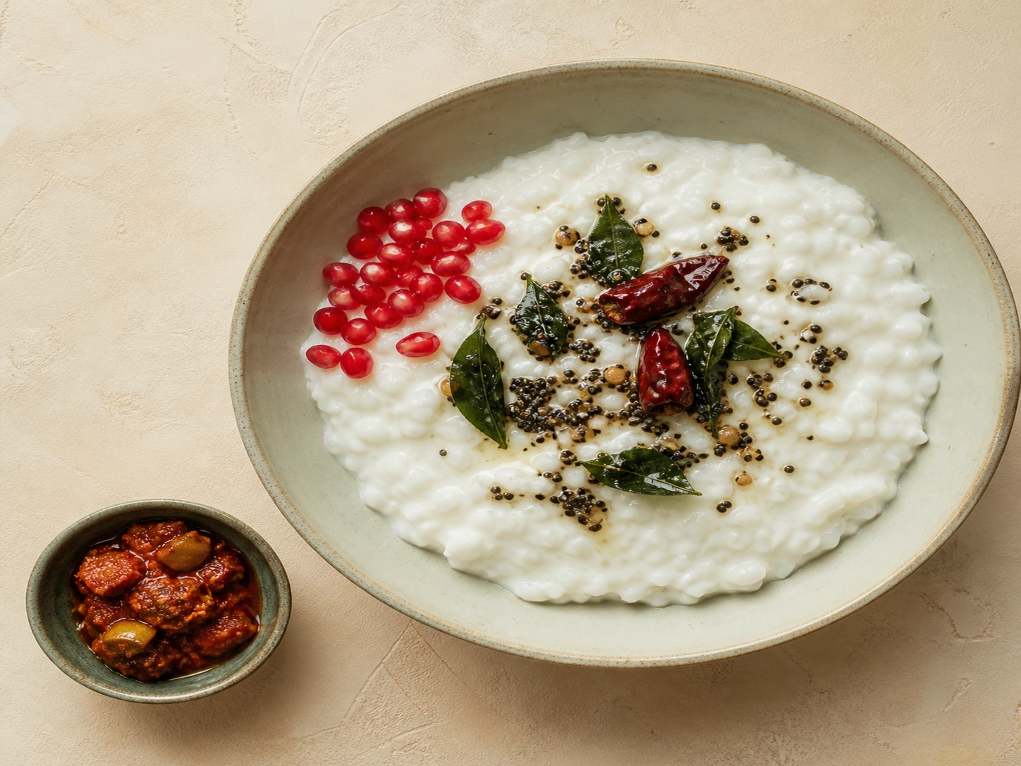 A bowl of curd rice with a mustard seed and curry leaf tempering, with pickle alongside
