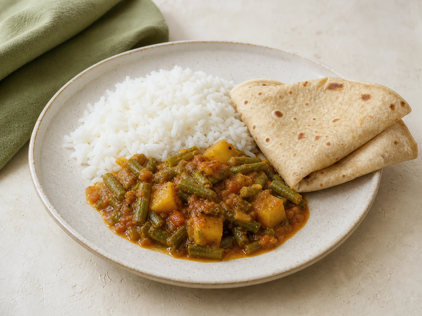 Everyday plate with rice, roti and a savoury vegetable accompaniment