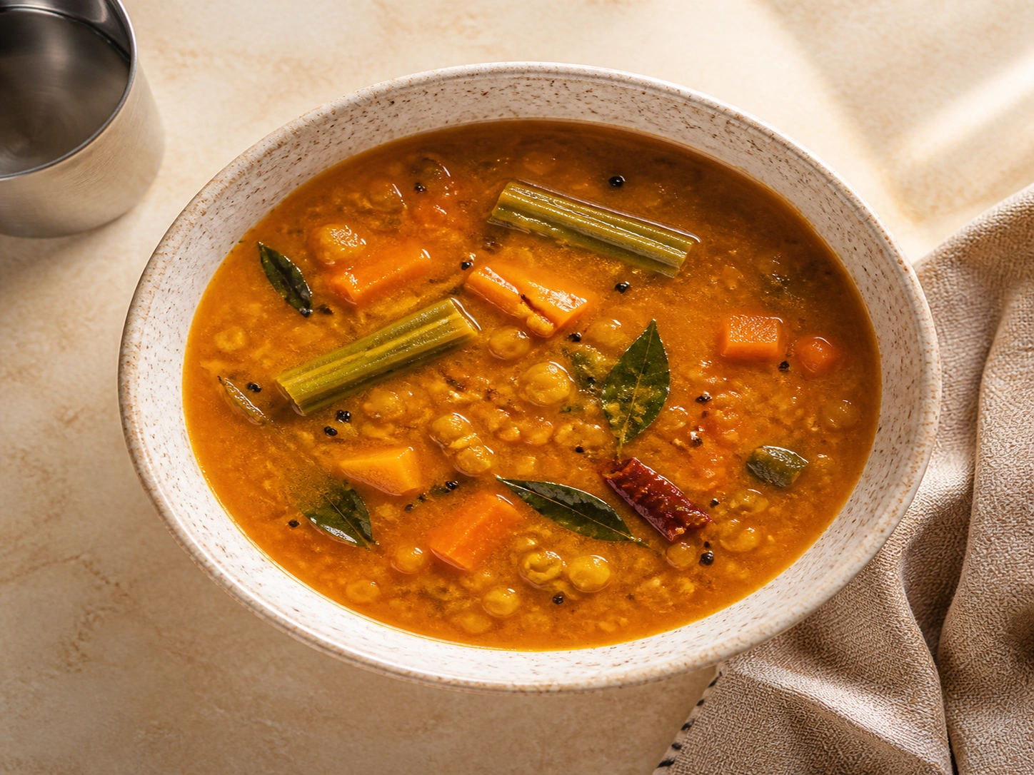 A bowl of sambar with lentils, drumstick, carrot and curry leaves