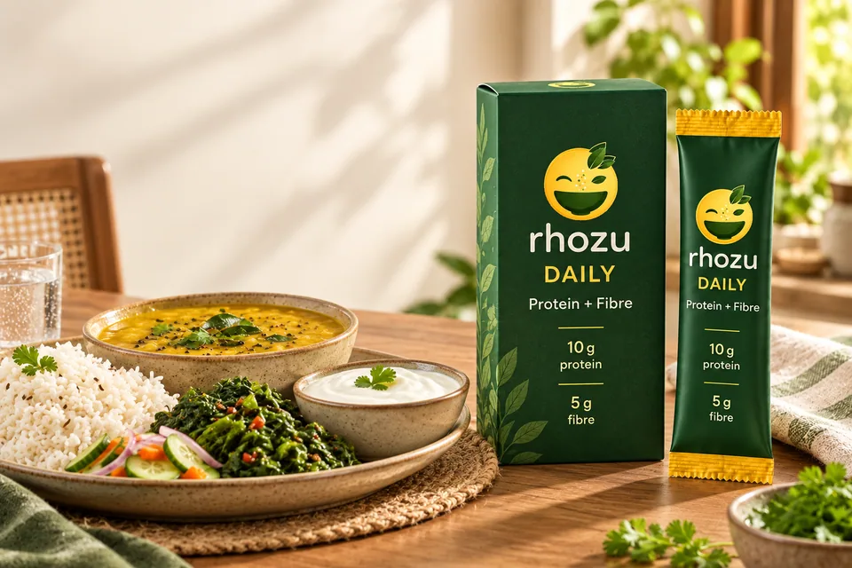 RHOZU DAILY carton and sachet beside an Indian meal