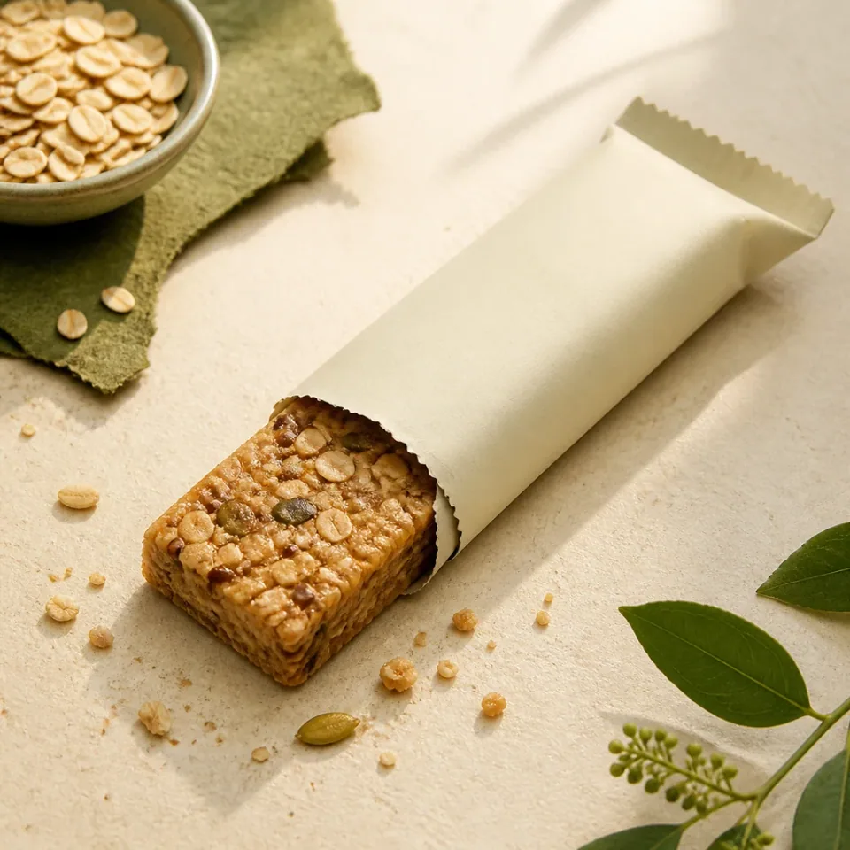 Unbranded protein snack bar partly opened from a wrapper