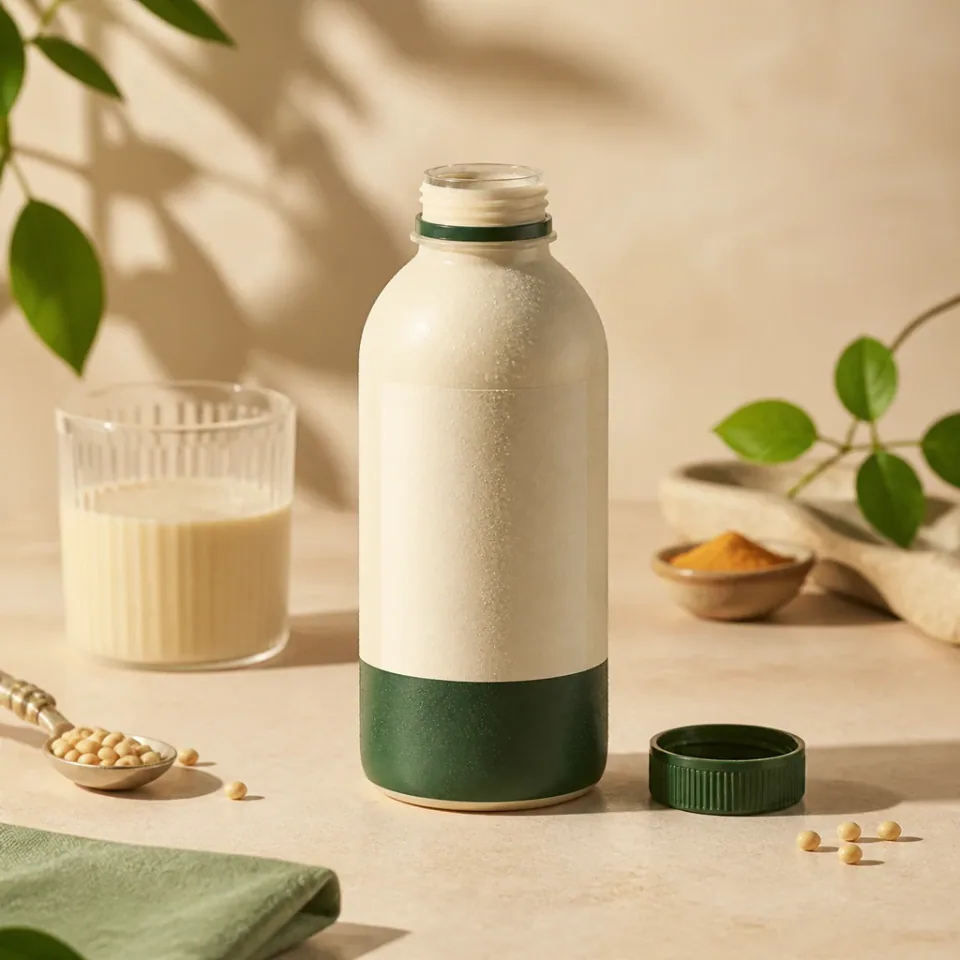 Unbranded ready-to-drink protein bottle on a warm tabletop