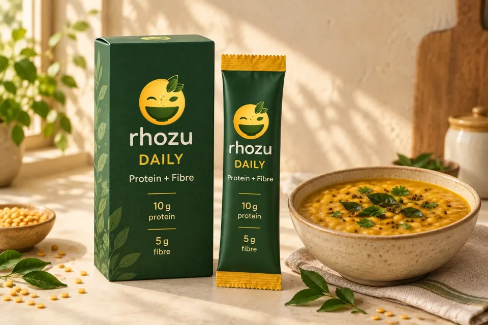 RHOZU DAILY carton and sachet with 10 g protein and 5 g fibre, beside dal