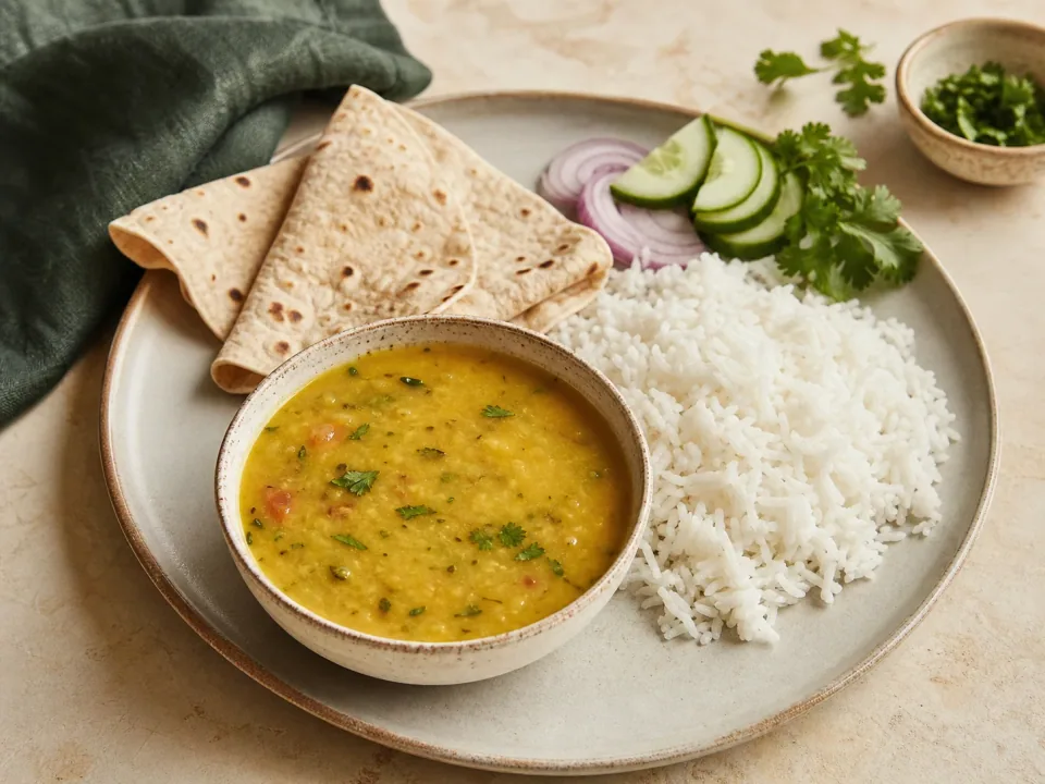 A bowl of dal with rice and roti alongside