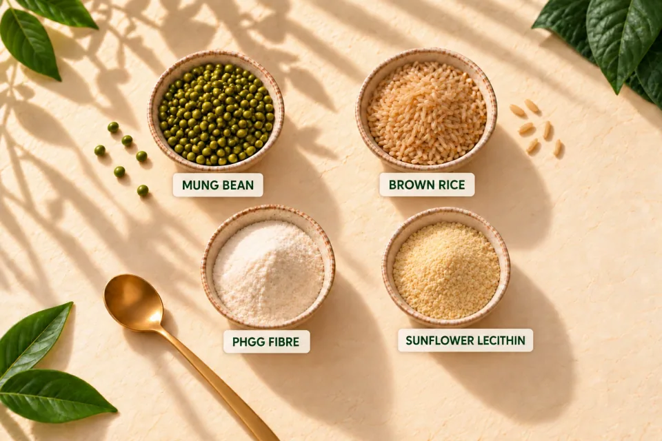 Labeled ingredient bowls: mung bean, brown rice, PHGG fibre and sunflower lecithin