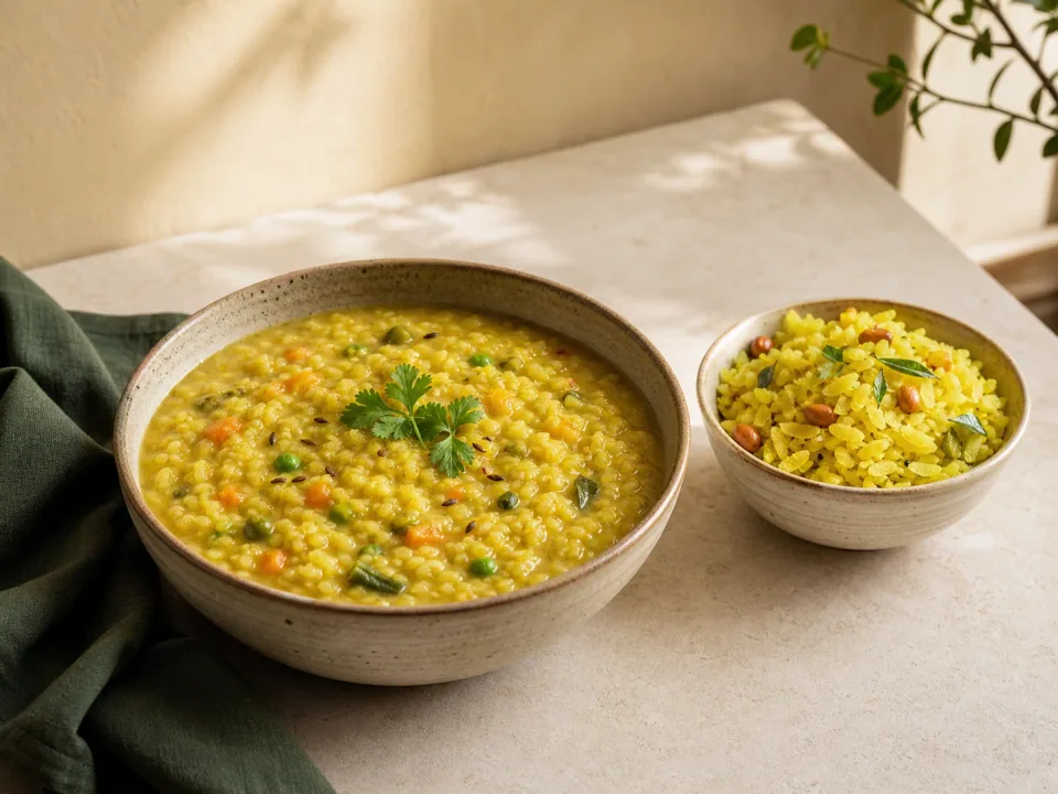 Bowls of khichdi and poha; choose moist khichdi for mixing DAILY