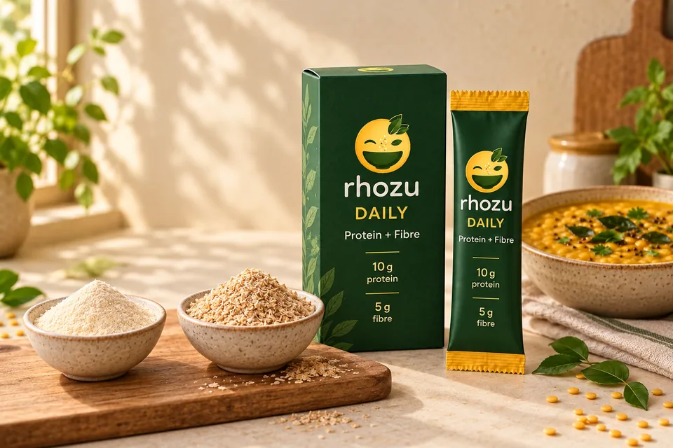 RHOZU DAILY carton and sachet beside PHGG and husk fibre comparison bowls