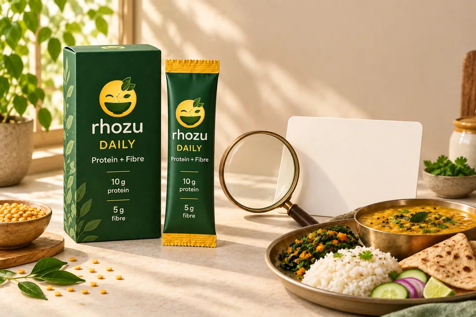 RHOZU DAILY carton and sachet beside a magnifying glass and an Indian meal
