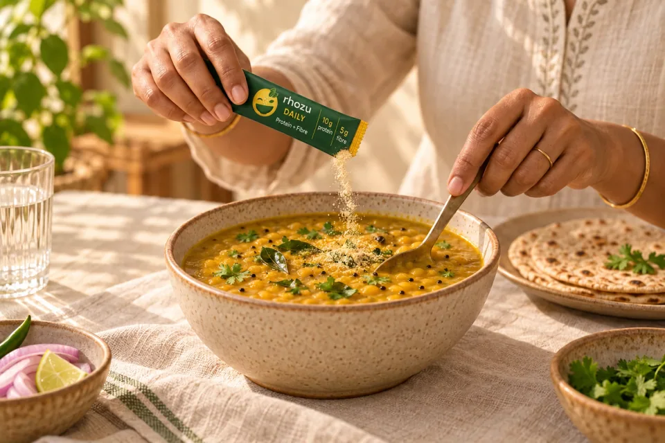 A RHOZU DAILY sachet sprinkled gradually into a full bowl of dal after cooking