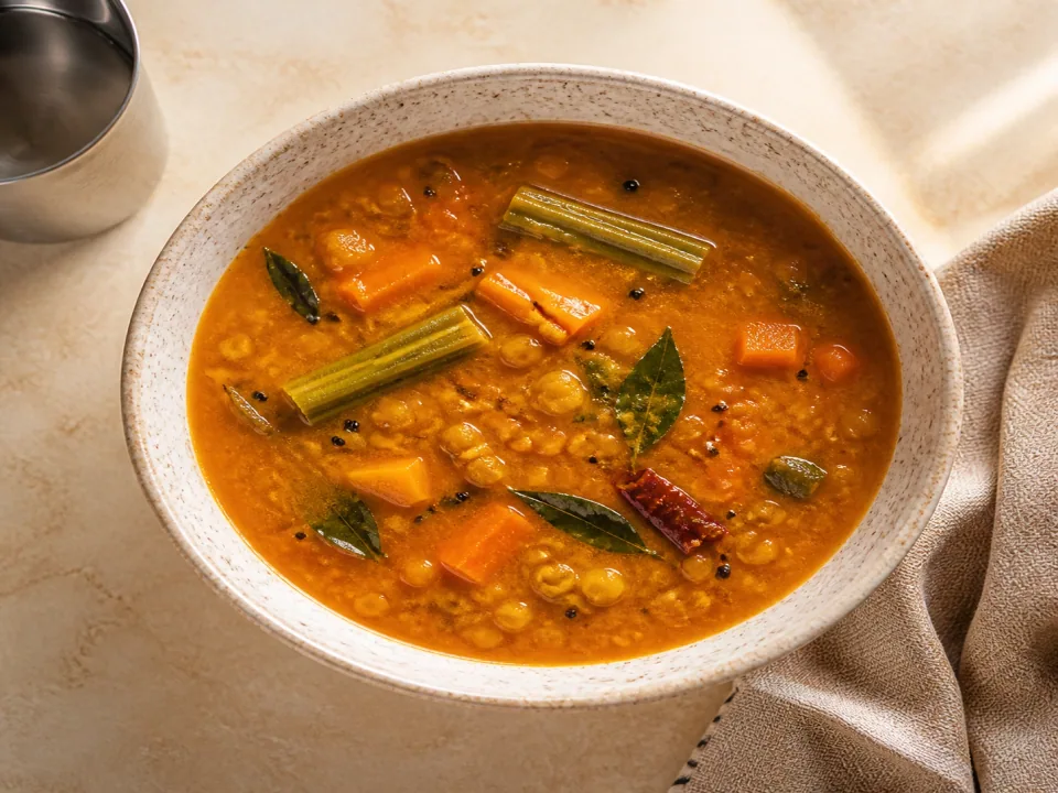 Sambar with vegetables and curry leaves