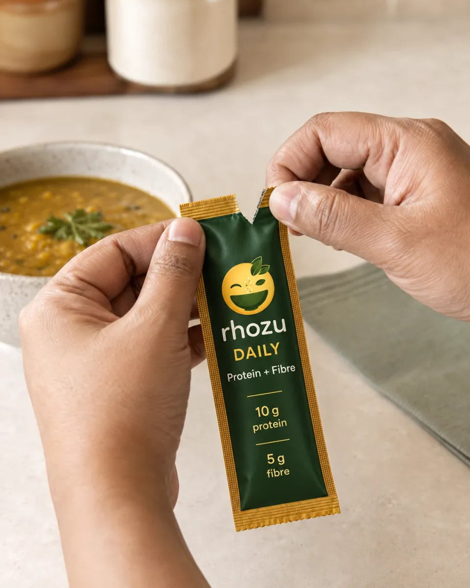 Hands tearing open a RHOZU DAILY single-serve sachet