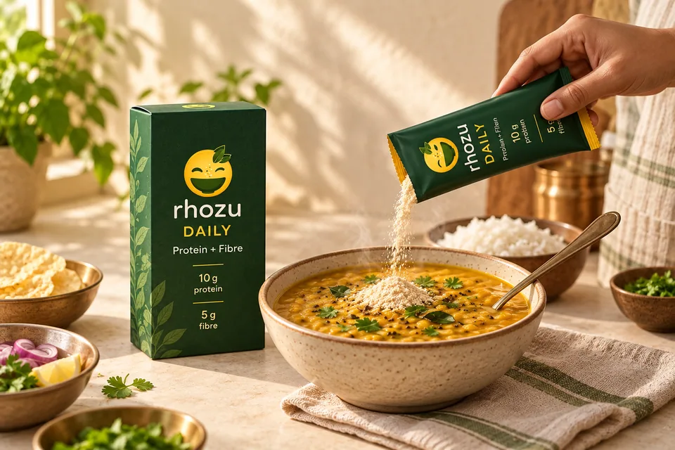 RHOZU DAILY carton and sachet with powder being added to a bowl of dal