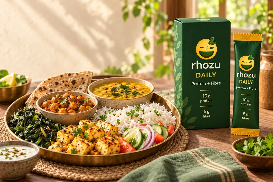 RHOZU DAILY carton and sachet beside a vegetarian Indian meal