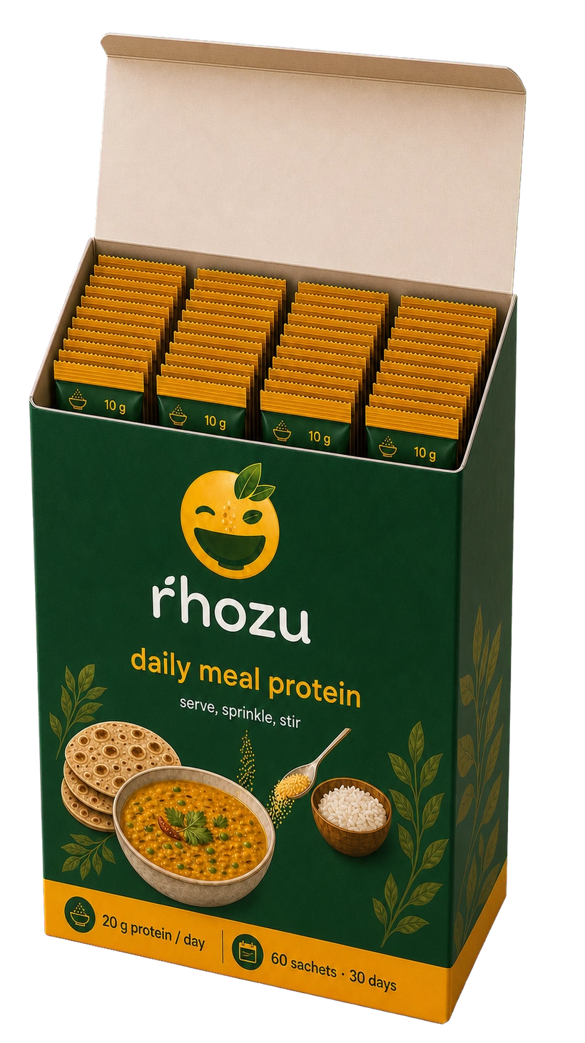Open 60-sachet RHOZU carton with four rows of sachets standing inside