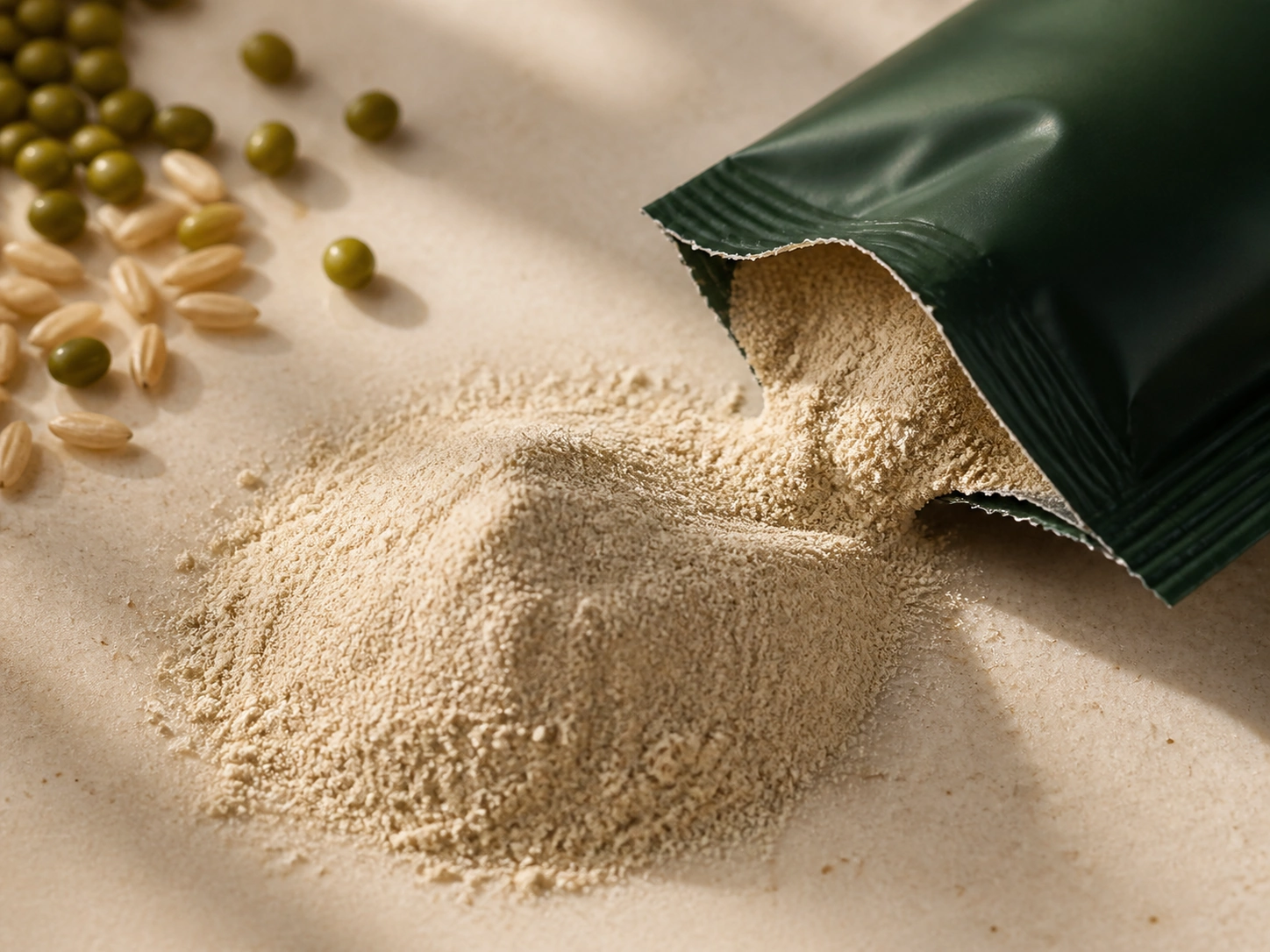 Fine pale powder spilling from an opened RHOZU sachet, beside whole mung beans and rice grains