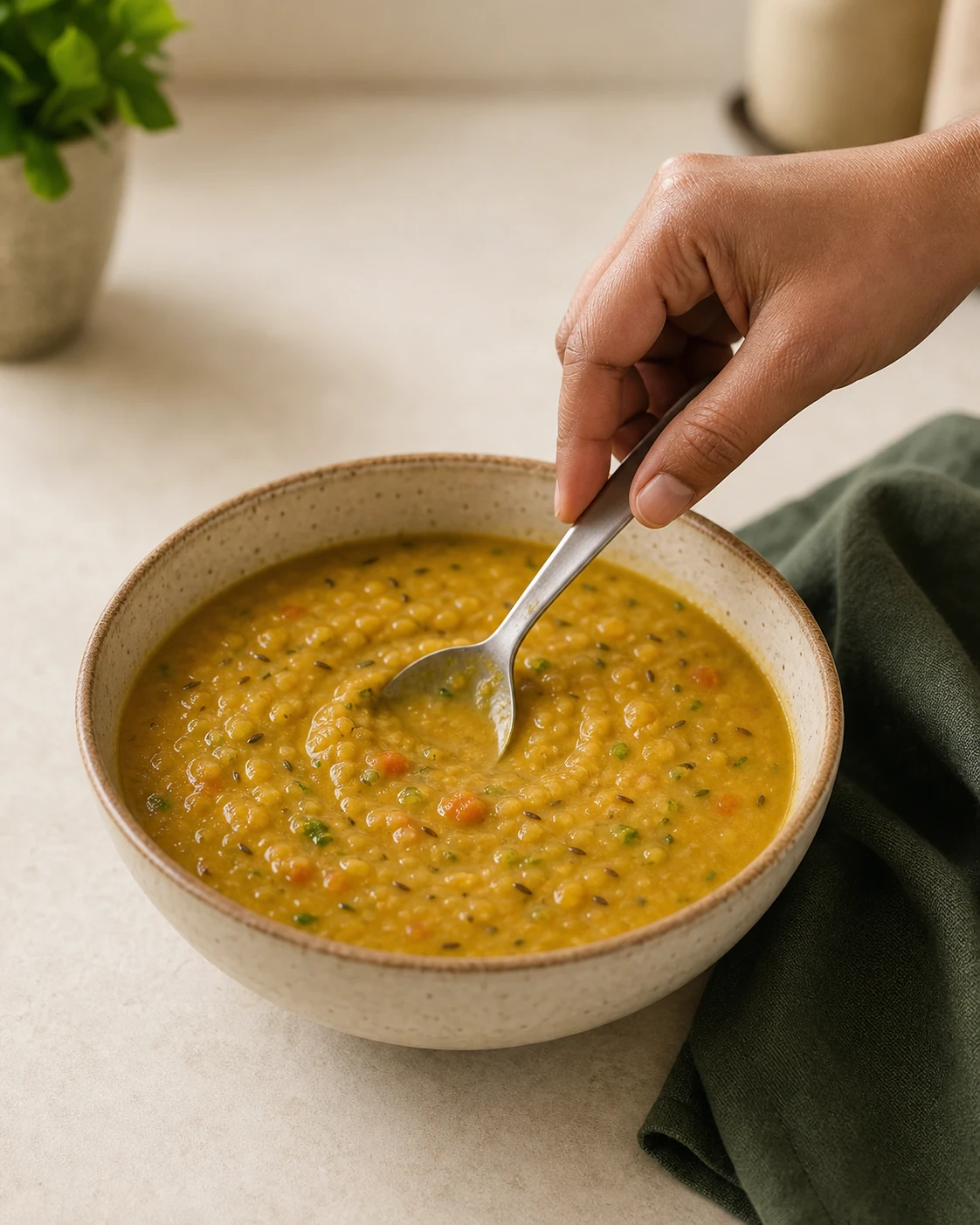 Adult hand stirring a bowl of dal with a spoon