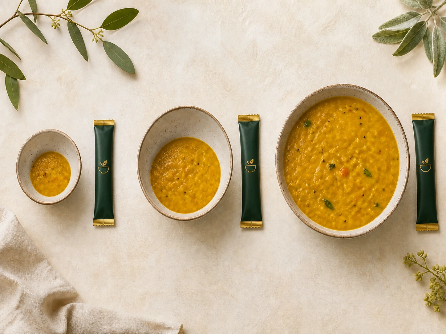 Three bowls of dal at increasing sizes, each with one RHOZU sachet laid beside it