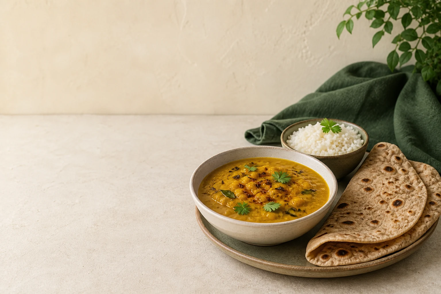 Dal, rice and roti arranged on a warm stone dining surface