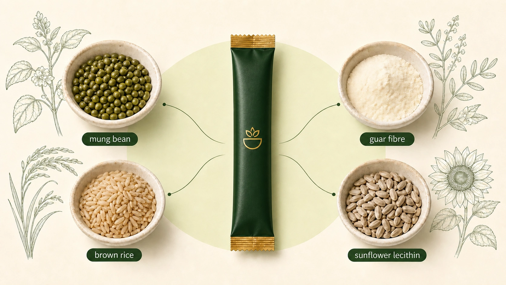RHOZU sachet surrounded by bowls of mung bean, brown rice, guar fibre and sunflower lecithin