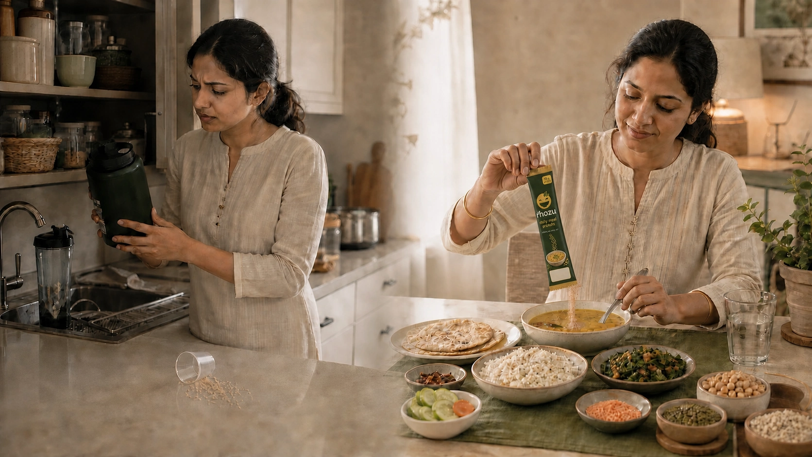 The same woman twice in one kitchen: on the left frowning at a protein tub beside a blender and spilled powder, on the right smiling as she stirs a rhozu sachet into dal at a full meal