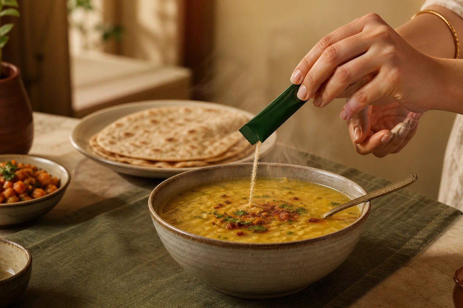 Hands pouring a rhozu sachet into a bowl of steaming dal beside a stack of roti