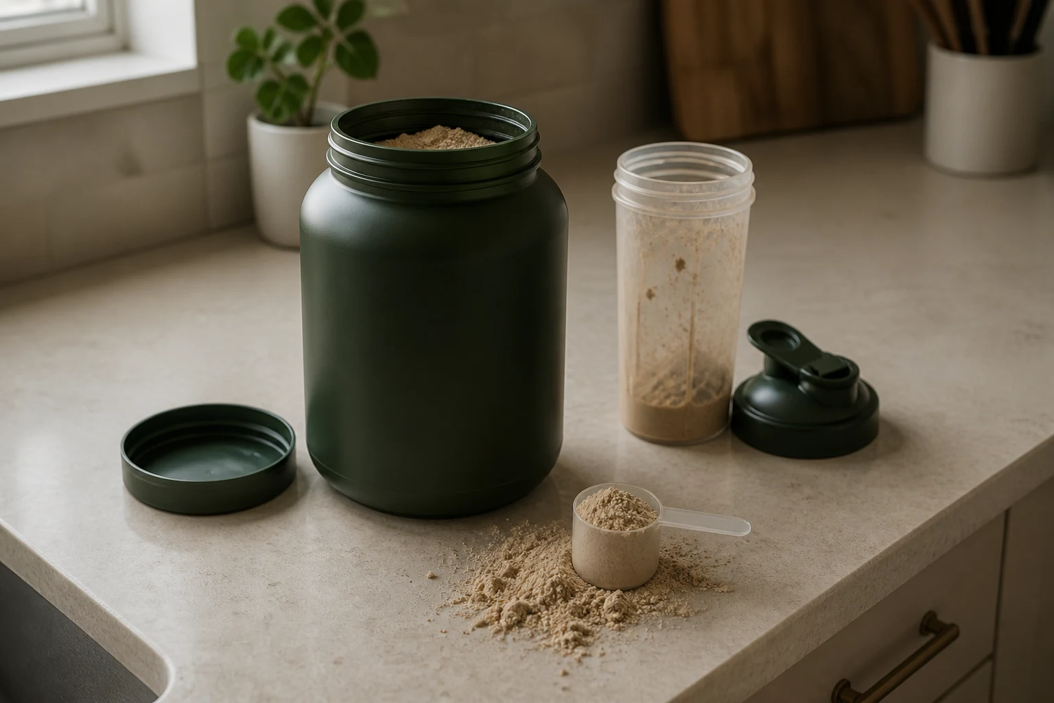 A kitchen counter with an open protein tub, powder spilled around a scoop, and a used shaker bottle with dried residue